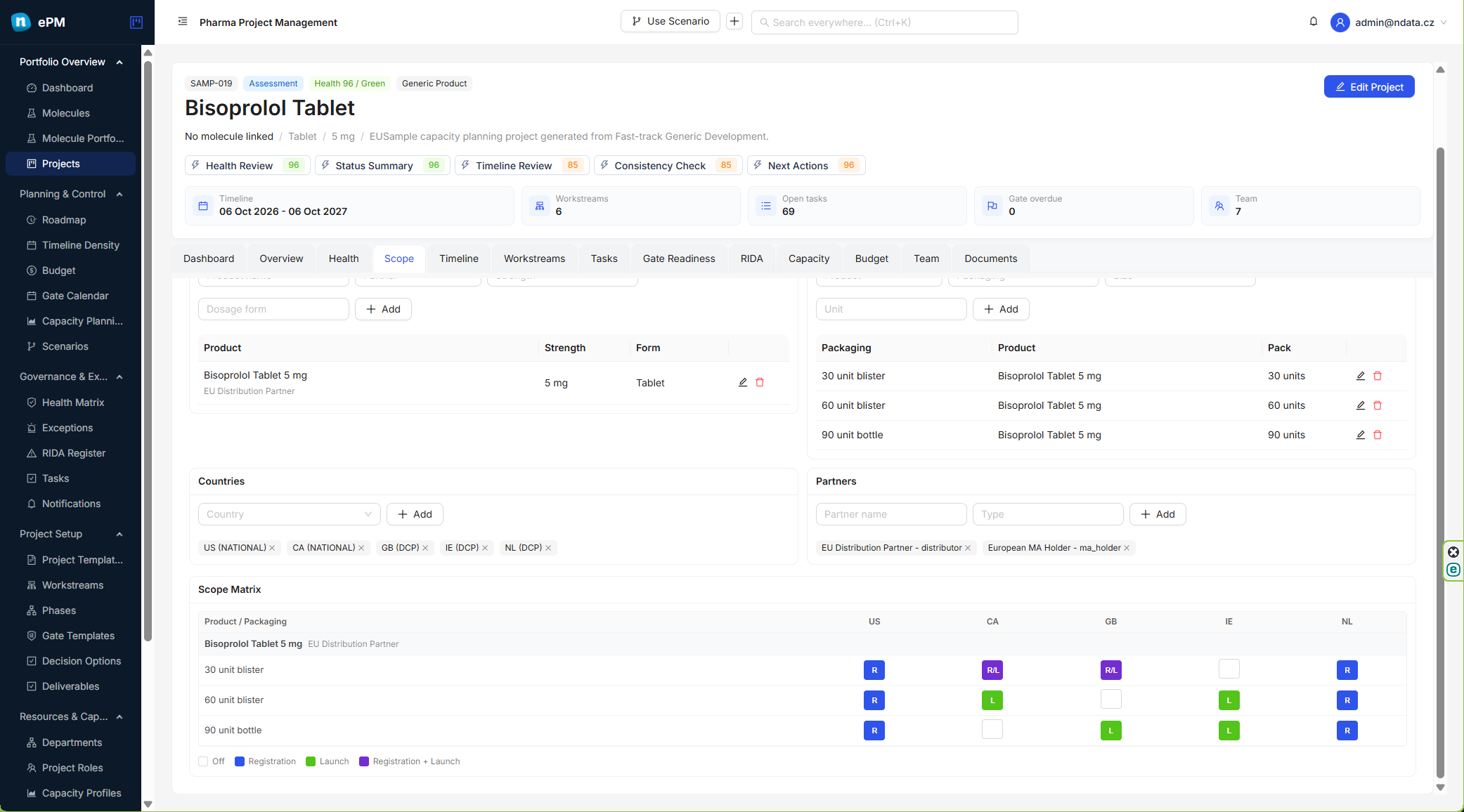 ePM project scope matrix with products, packagings, countries and registration launch mapping