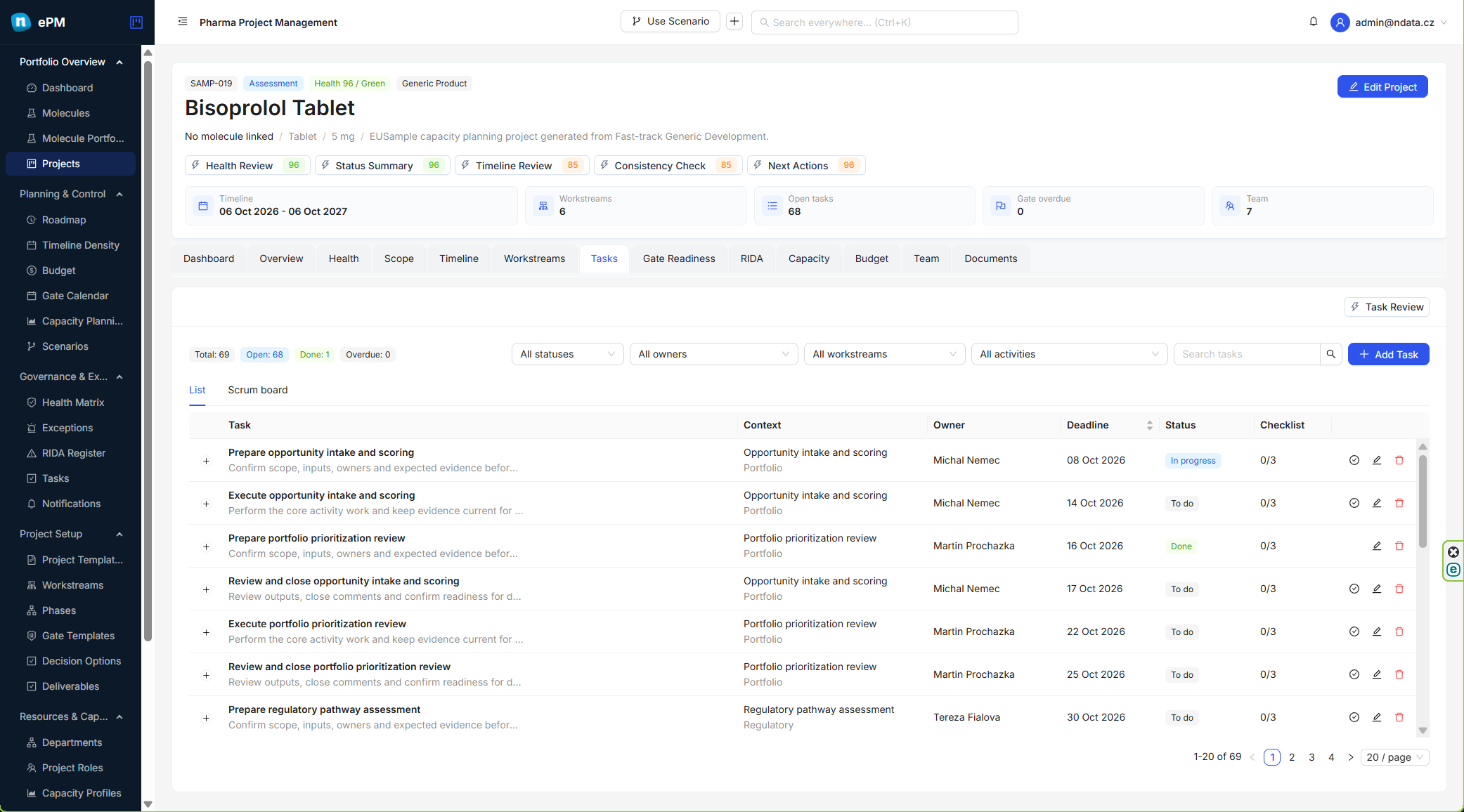ePM project task board with workstream tasks, owners, status and deadlines