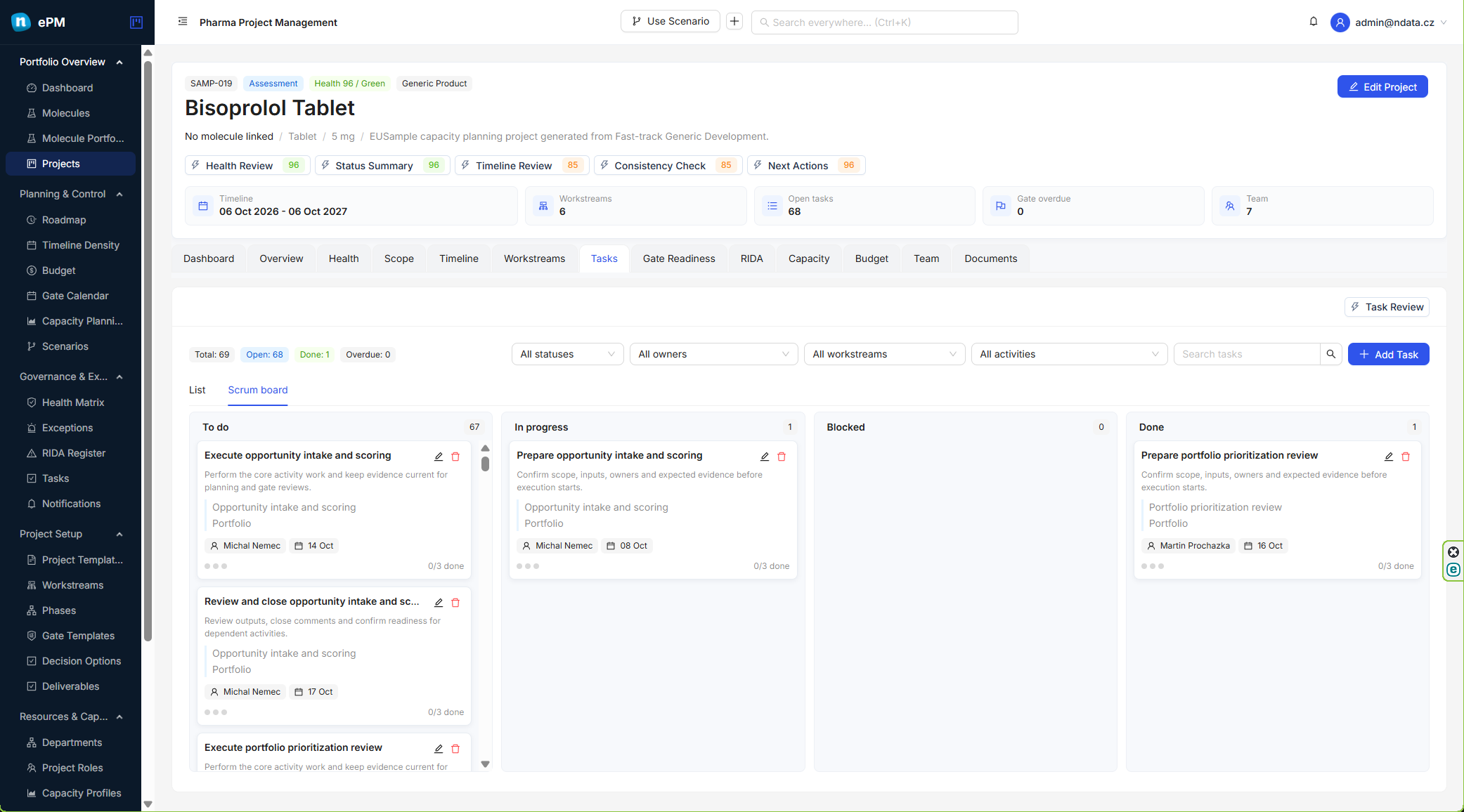 ePM project task list with checklist progress, priorities and due dates