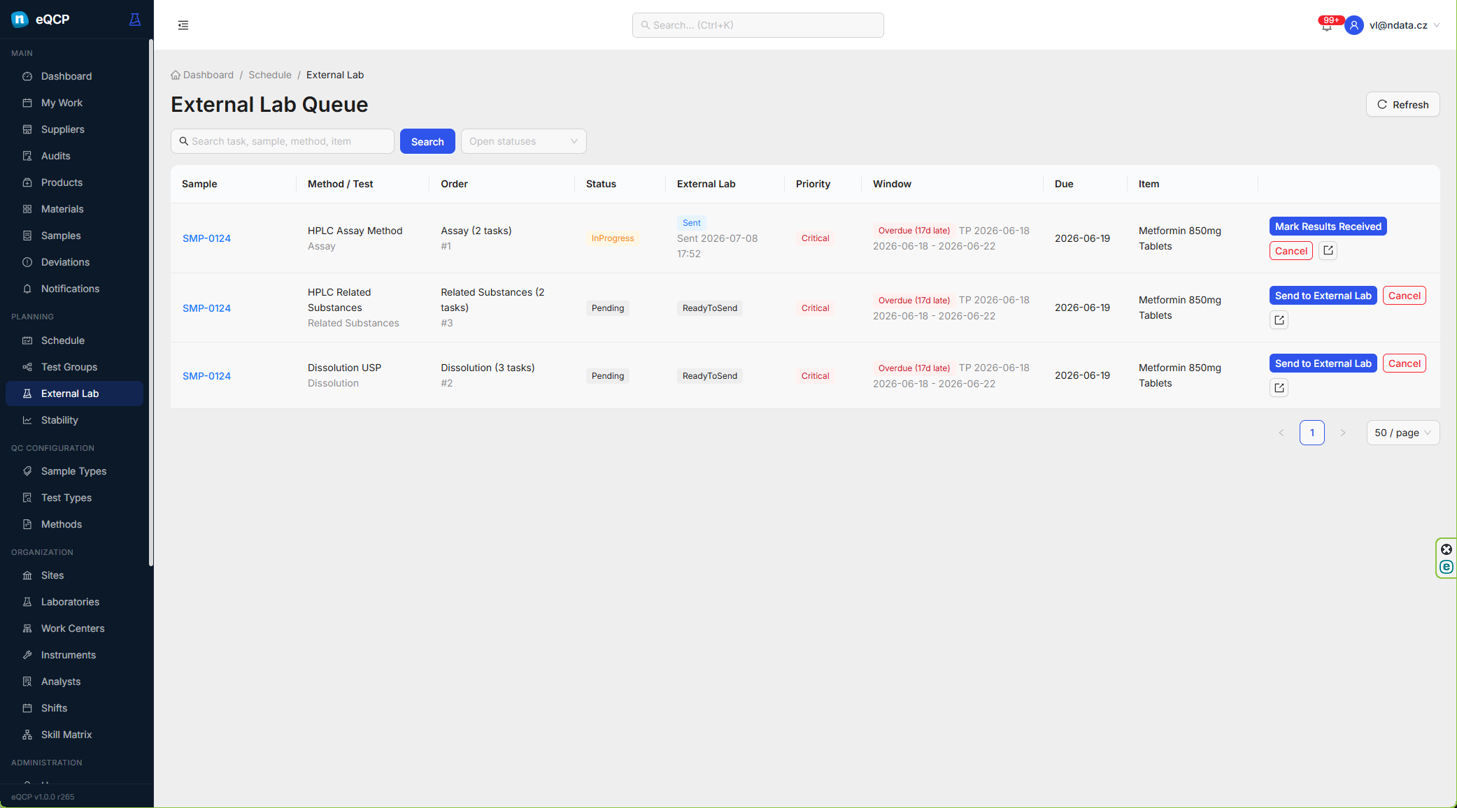 eQCP external lab queue with outsourced testing status and sample context