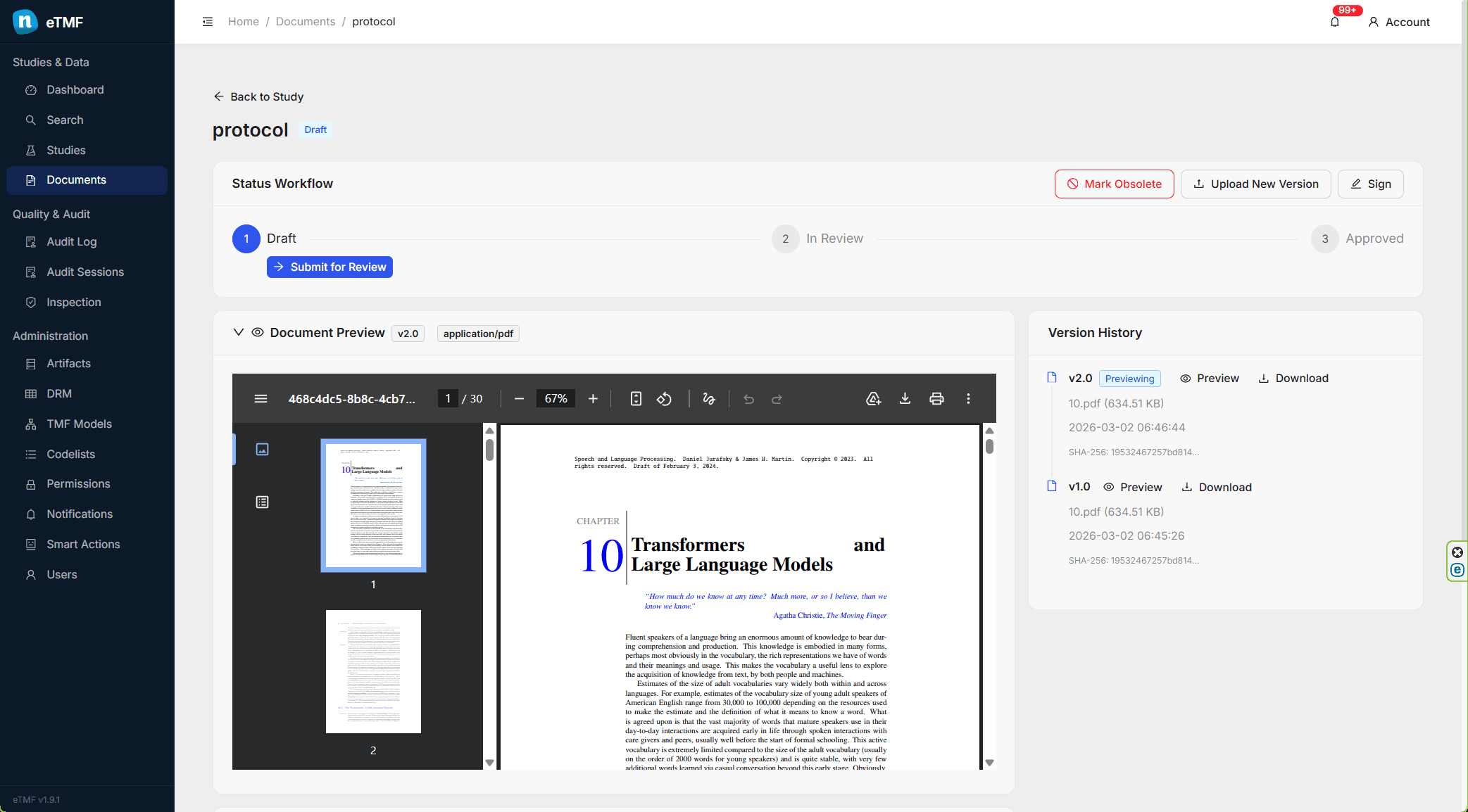 eTMF document version and signature view