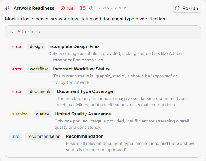 eAW Artwork Readiness Smart Action result with verdict, score and findings