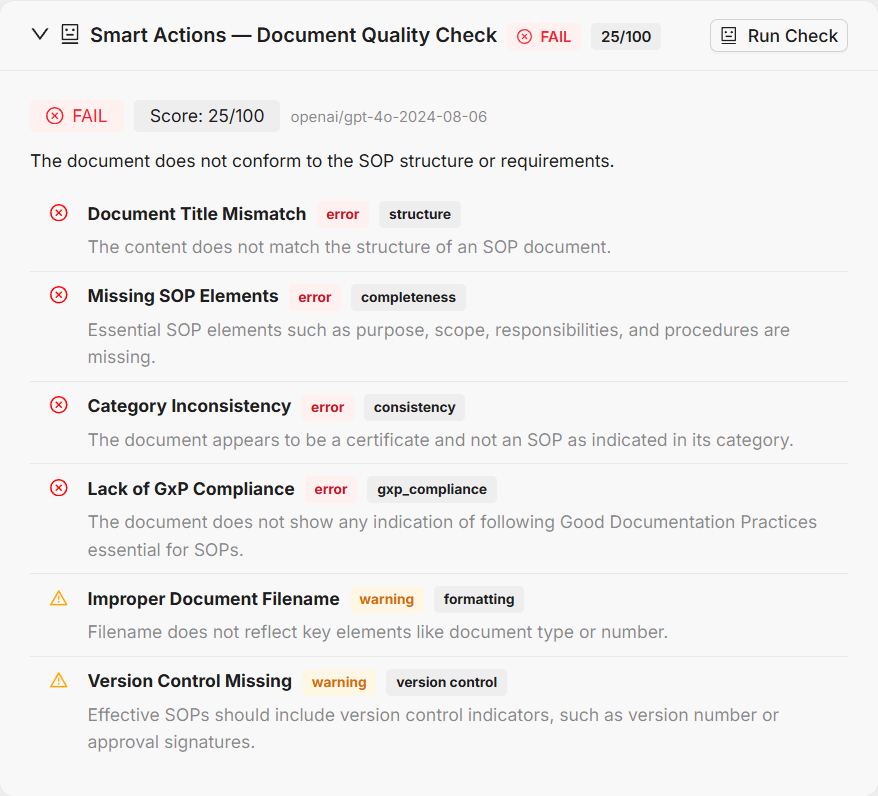 eDOCS Document Quality Check Smart Action result with fail verdict, score and findings